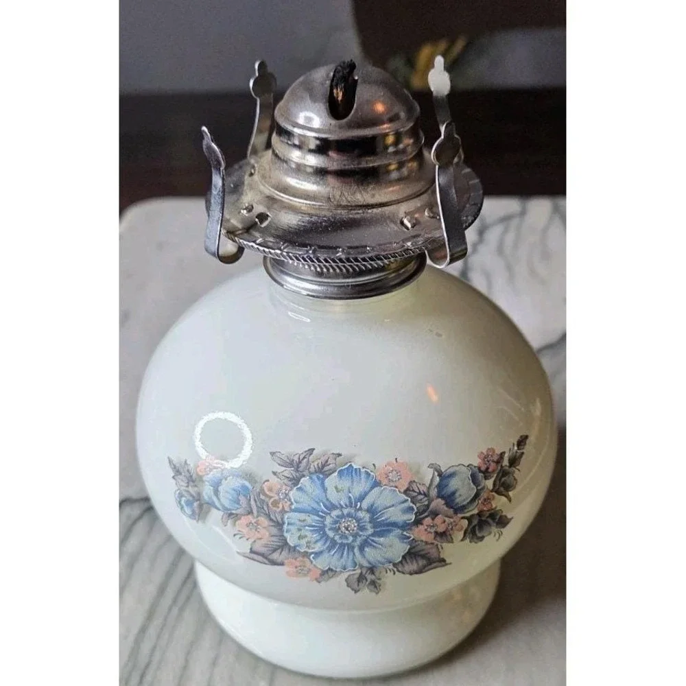 Vintage Milk Glass Oil Lamp Blue Floral Design 7